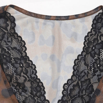 Fashion Leopard Print Sexy Mesh Splicing Trumpet Sleeve Bodysuit - Très Elite