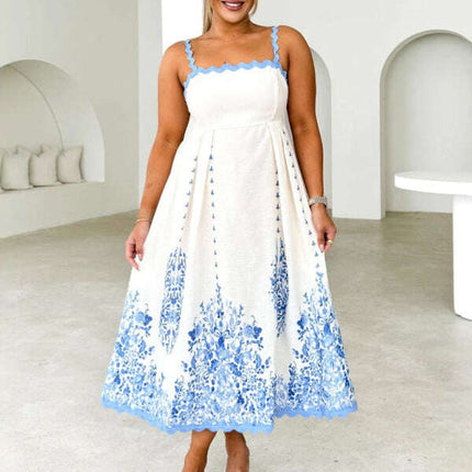 Fashion Print Wave Hem Sleeveless Backless Lace-up Suspender Dress