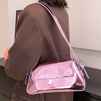 Fashion patent leather ladies baguette texture glossy underarm shoulder bag - Très Elite