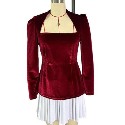 Fashionable and personalized long-sleeved color-blocked pleated hem mini skirt dress - Très Elite