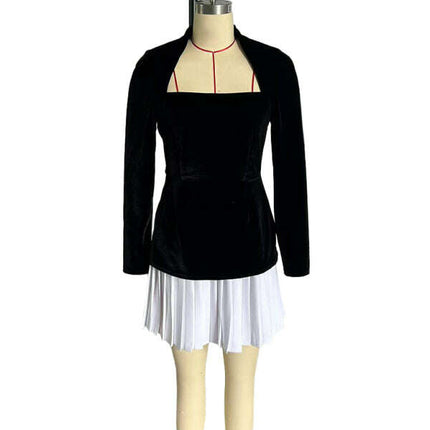 Fashionable and personalized long-sleeved color-blocked pleated hem mini skirt dress - Très Elite