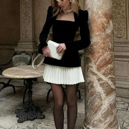 Fashionable and personalized long-sleeved color-blocked pleated hem mini skirt dress - Très Elite