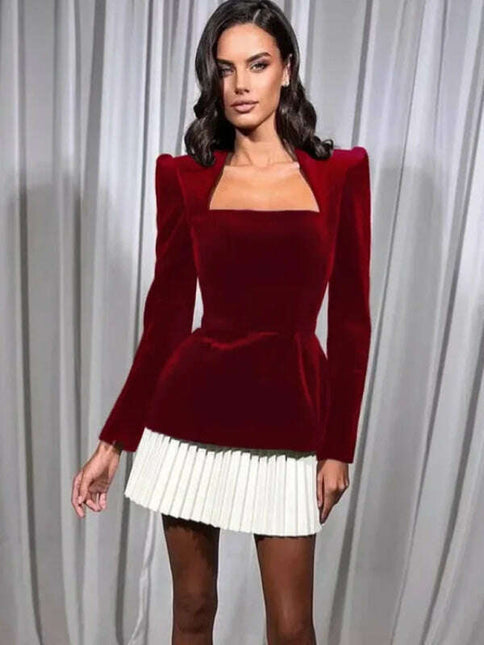 Fashionable and personalized long-sleeved color-blocked pleated hem mini skirt dress