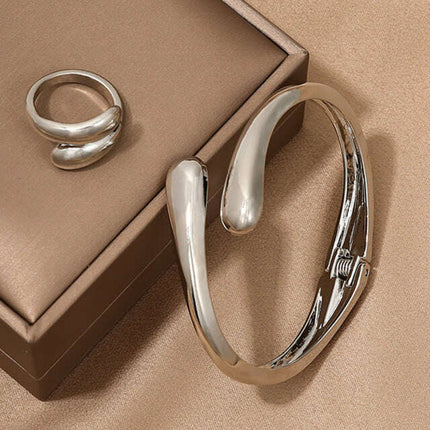Fashionable and simple heavy metal geometric ring smooth bracelet ring jewelry two-piece set - Très Elite