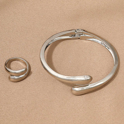 Fashionable and simple heavy metal geometric ring smooth bracelet ring jewelry two-piece set - Très Elite