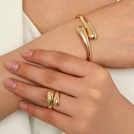 Fashionable and simple heavy metal geometric ring smooth bracelet ring jewelry two-piece set - Très Elite