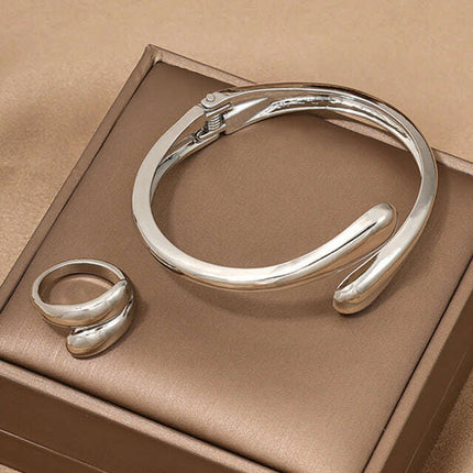 Fashionable and simple heavy metal geometric ring smooth bracelet ring jewelry two-piece set - Très Elite