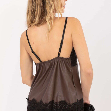 Faux Leather V-Neck Top with Lace Trim & Adjustable Straps - Très Elite