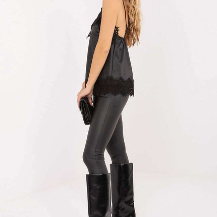 Faux Leather V-Neck Top with Lace Trim & Adjustable Straps - Très Elite