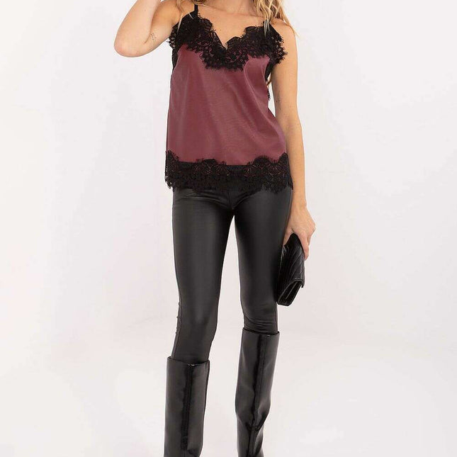 Faux Leather V-Neck Top with Lace Trim & Adjustable Straps - Très Elite