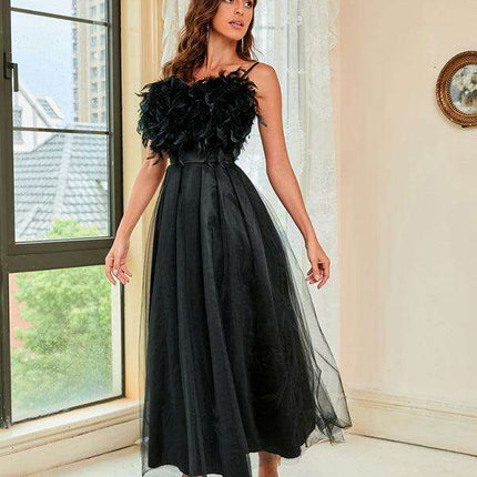 Feather Print Mesh Sling Dress for Women - Perfect for Spring and Summer - Très Elite