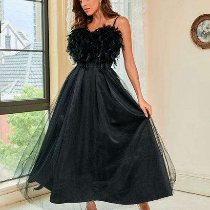 Feather Print Mesh Sling Dress for Women - Perfect for Spring and Summer - Très Elite