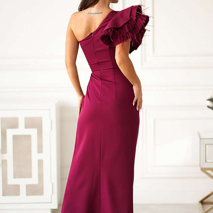 Feathered Asymmetrical Evening Dress - Très Elite
