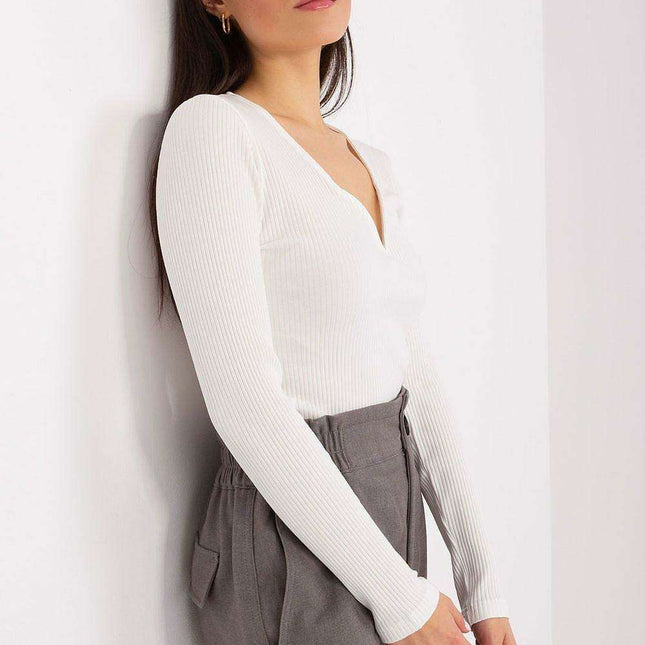 Feminine Ribbed Cotton Blend Blouse with Heart-Shaped Neckline