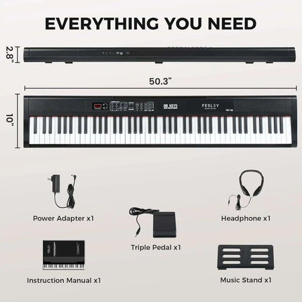 Fesley 88-Key Full-Size Portable Digital Piano with Music Stand, Power Adapter, and Sustain Pedal - Très Elite