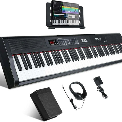 Fesley 88-Key Full-Size Portable Digital Piano with Music Stand, Power Adapter, and Sustain Pedal - Très Elite