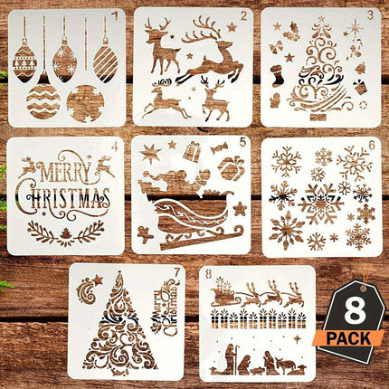 Festive 8-Piece Stencil Set for Creative Holiday DIY - Durable, Reusable, and Perfect for Decorating Wood, Walls, and Fabrics