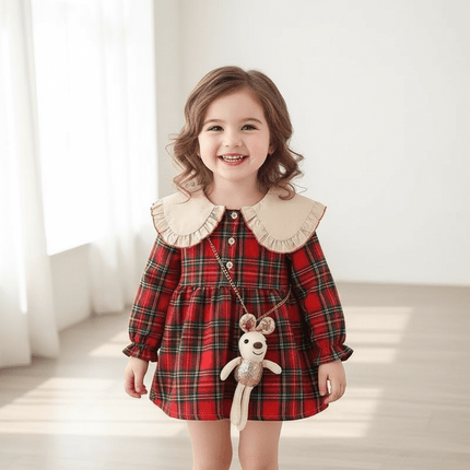 Festive Plaid Christmas Dress for Girls 9 Months to 3 Years with Cute Rabbit Accents - Très Elite