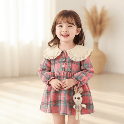 Festive Plaid Christmas Dress for Girls 9 Months to 3 Years with Cute Rabbit Accents - Très Elite