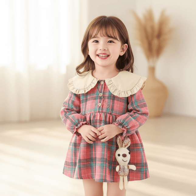 Festive Plaid Christmas Dress for Girls 9 Months to 3 Years with Cute Rabbit Accents