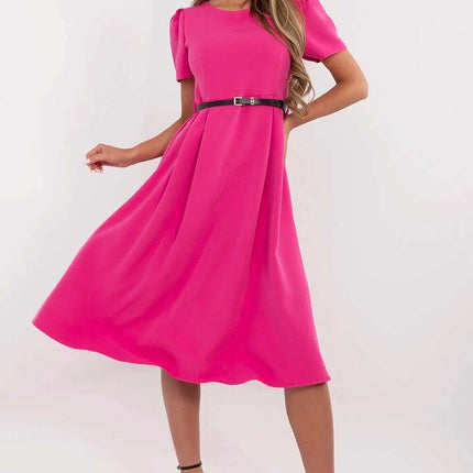 Flared Midi Dress Classic Feminine Stretch Belted Elegance - Très Elite