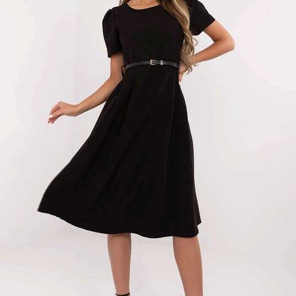 Flared Midi Dress Classic Feminine Stretch Belted Elegance - Très Elite