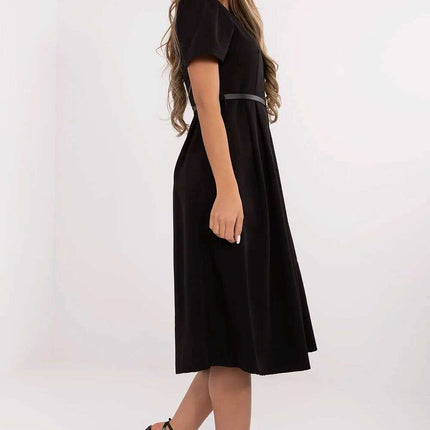 Flared Midi Dress Classic Feminine Stretch Belted Elegance - Très Elite