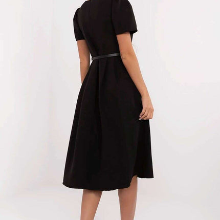 Flared Midi Dress Classic Feminine Stretch Belted Elegance - Très Elite