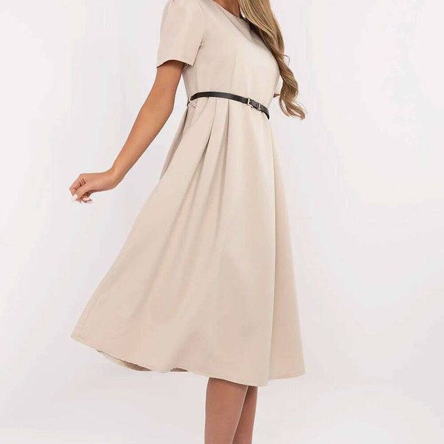 Flared Midi Dress Classic Feminine Stretch Belted Elegance