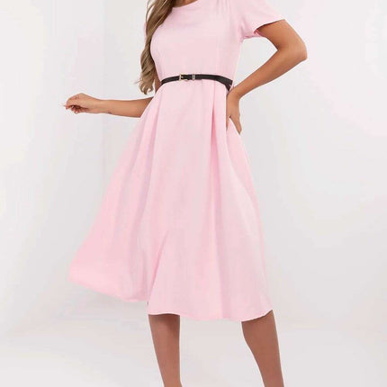Flared Midi Dress Classic Feminine Stretch Belted Elegance - Très Elite