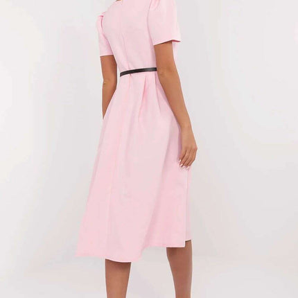 Flared Midi Dress Classic Feminine Stretch Belted Elegance - Très Elite