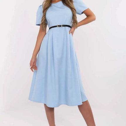 Flared Midi Dress Classic Feminine Stretch Belted Elegance - Très Elite