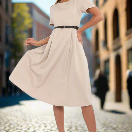 Flared Midi Dress Classic Feminine Stretch Belted Elegance - Très Elite