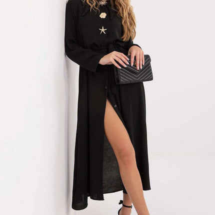 Flared Midi Shirt Dress with Classic Collar & Brooch Details - Très Elite