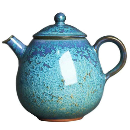 Floating Blue Jade Dragon Teapot with Crystal Handle and Gold Accents - Luxury Yuzhou Junyao Tea Set - Très Elite