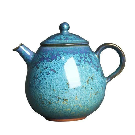 Floating Blue Jade Dragon Teapot with Crystal Handle and Gold Accents - Luxury Yuzhou Junyao Tea Set - Très Elite