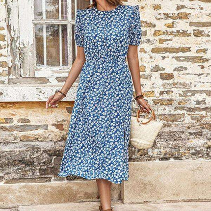 Floral Blue Split Skirt Dress - Chic European-American Elegance - Très Elite