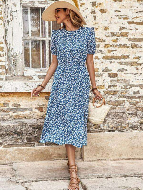 Floral Blue Split Skirt Dress - Chic European-American Elegance