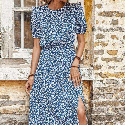 Floral Blue Split Skirt Dress - Chic European-American Elegance - Très Elite