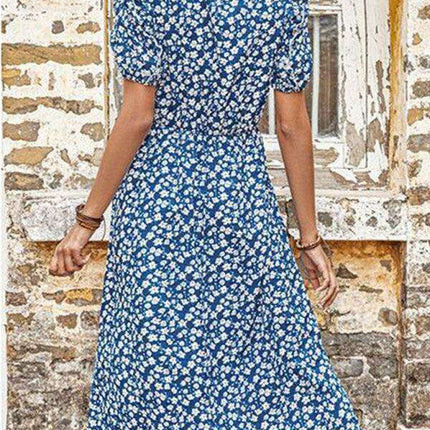 Floral Blue Split Skirt Dress - Chic European-American Elegance - Très Elite