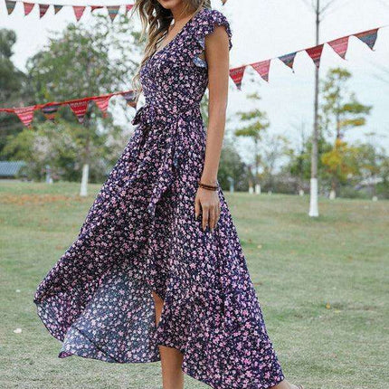 Floral Boho Chic V-Neck Tie-Front Maxi Dress - Très Elite