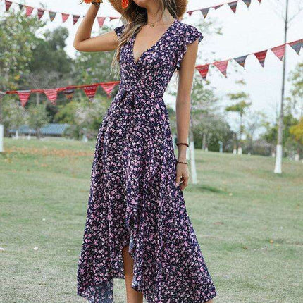 Floral Boho Chic V-Neck Tie-Front Maxi Dress
