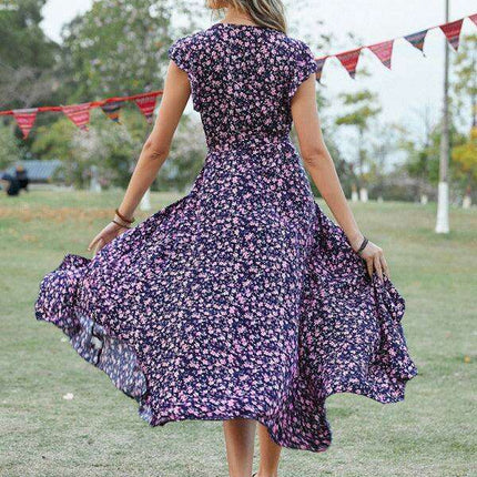 Floral Boho Chic V-Neck Tie-Front Maxi Dress - Très Elite