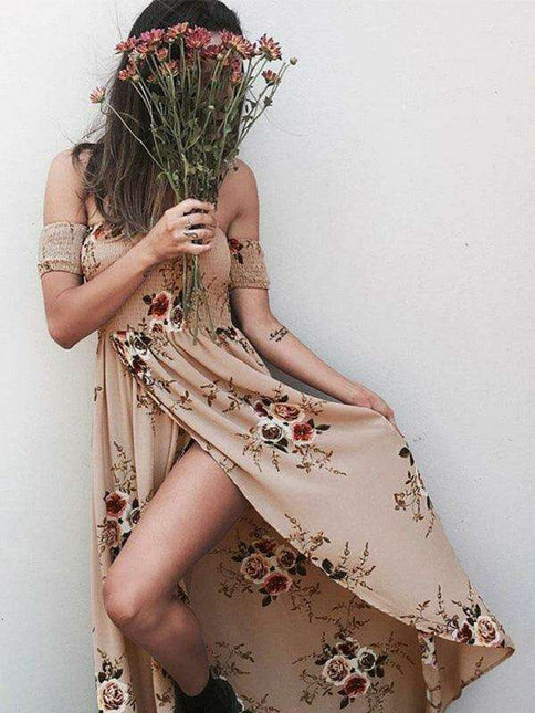 Floral Charm One-Shoulder Chiffon Maxi Dress