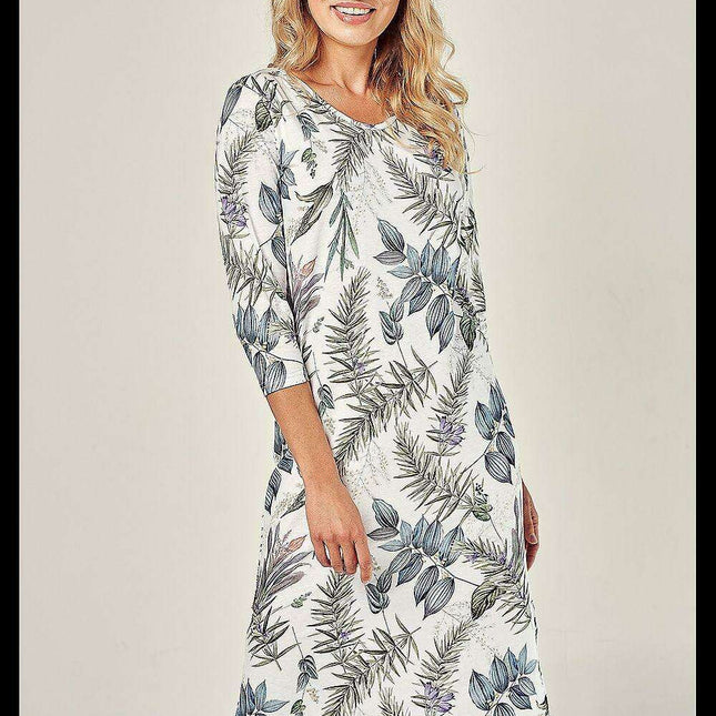 Floral Cotton Nightshirt with 3/4 Sleeves and Half-Round Neckline