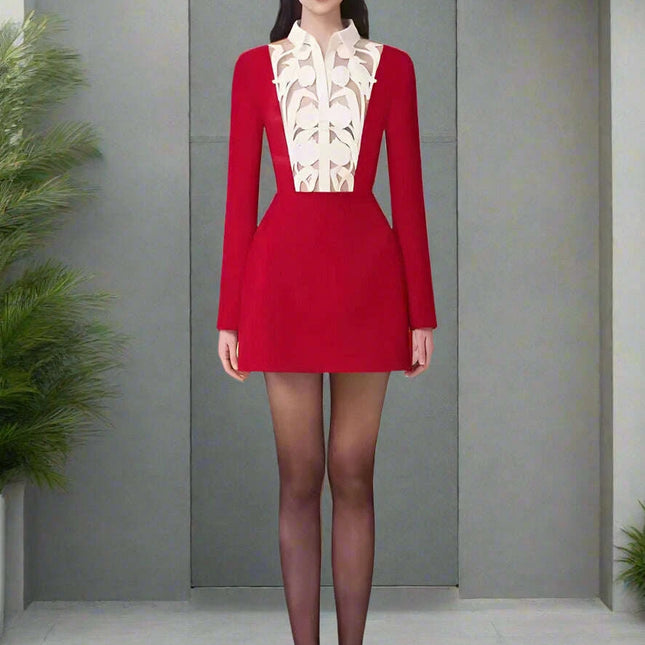 Floral Cut-Out Contrast Mini Dress with Lapel Detail for Women