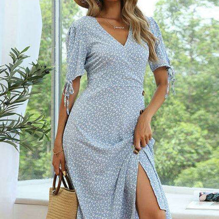 Floral Elegance Maxi Dress with Stylish Slit and Puff Sleeves - Très Elite