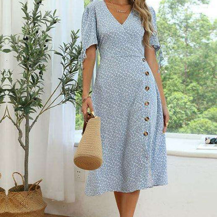 Floral Elegance Maxi Dress with Stylish Slit and Puff Sleeves - Très Elite