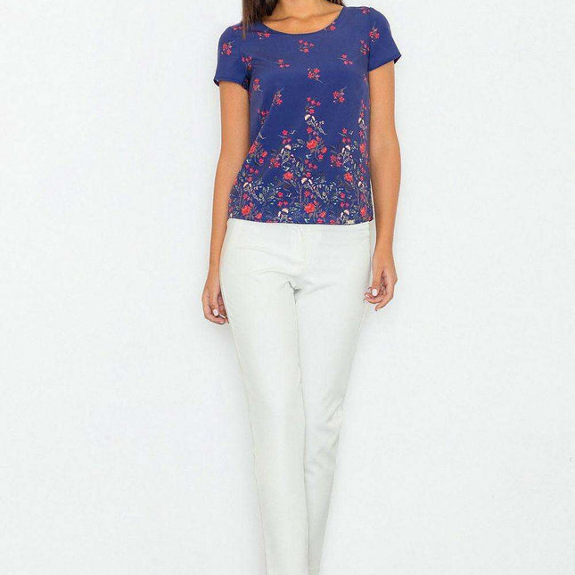 Floral Elegance: Short Sleeve Blouse in Soft Stretch Polyester