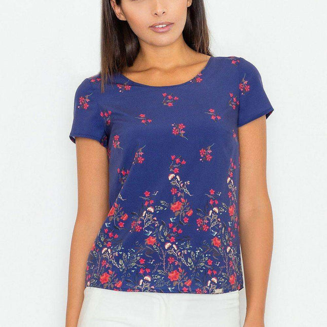Floral Elegance: Short Sleeve Blouse in Soft Stretch Polyester